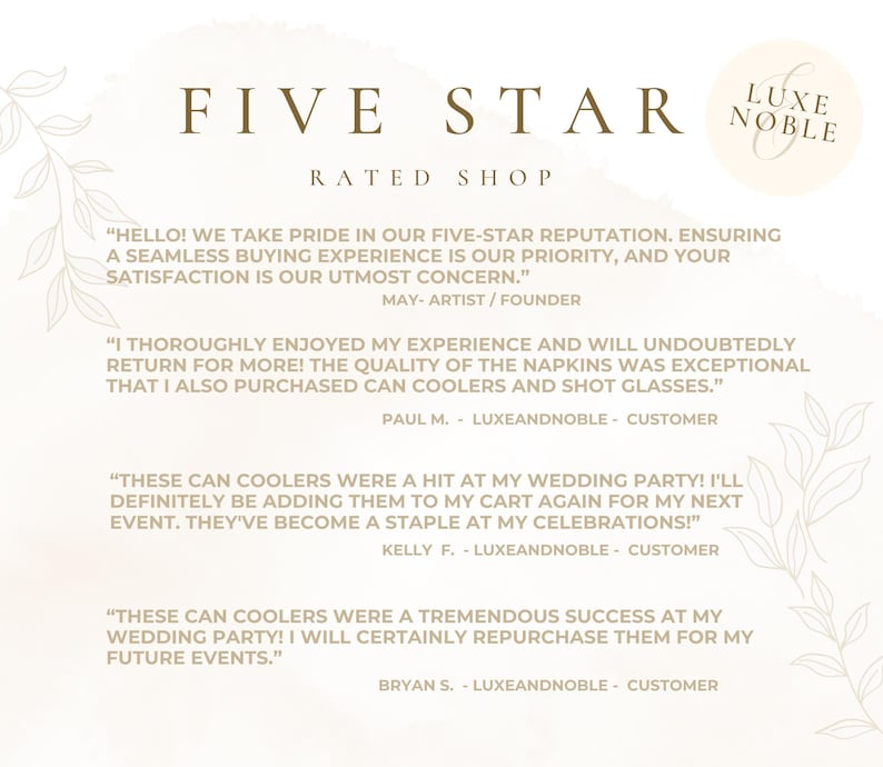 Op de afbeelding: Een afbeelding met de tekst "FIVE STAR RATED SHOP" en klantgetuigenissen. Het Luxe Noble logo is zichtbaar. De getuigenissen prijzen de kwaliteit van servetten en blikjeskoelers.