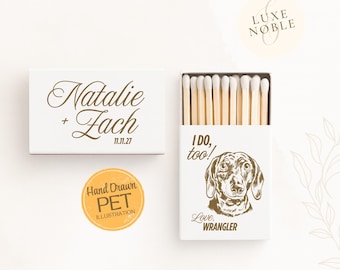 Custom Dog Illustration Wedding Matchboxes | Personalized Pet Portrait Favors with Names and Date | I Do Too Wedding Favors | HandDrawn