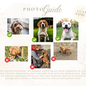 May include: A graphic with dog photos and text that reads "PHOTO Guide" and "LUXE NOBLE." The guide suggests capturing close-up photos of pets, showcasing their faces without obstructions, using natural lighting, and minimizing background clutter.
