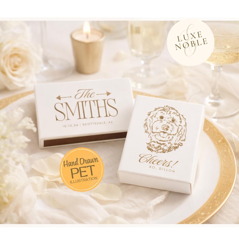 Custom Dog Illustration Wedding Matchboxes | Personalized Pet Portrait Favors | Cheers Wedding Favors | Custom Matchboxes | HandDrawn afbeelding 2