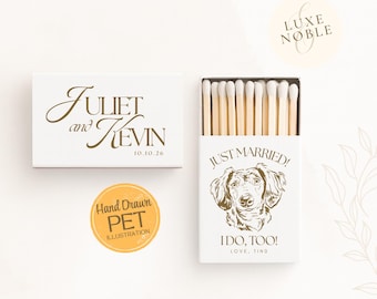Custom Dog Illustration Wedding Matchboxes | Personalized Pet Portrait Favors | Just Married Wedding Favors | Custom Matchboxes | Handdrawn