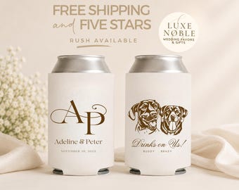 Dog Wedding Can Cooler | Custom Pet Portrait Wedding Favor | Monogram Wedding Can Cooler | Personalized Wedding Favor | Dog Lover Gift