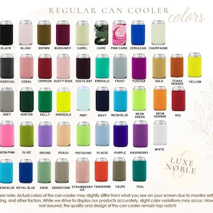 May include: A variety of regular can coolers in various colors, including black, blush, brown, burgundy, camel, camo, pink camo, cerulean, and champagne. The image displays a color chart with names like charcoal, coral, crimson, and dusty rose. The Luxe Noble logo is visible.