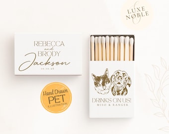 Custom Pet Wedding Matchboxes | Personalized Match Favors with Cat & Dog Illustration | Popular Wedding Favors | Drinks On Us Matches