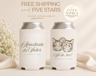 Cat Wedding Can Cooler | Custom Cat Portrait Wedding Favor | Personalized Wedding Can Cooler | Cat Lover Gift | Wedding Drink Favor