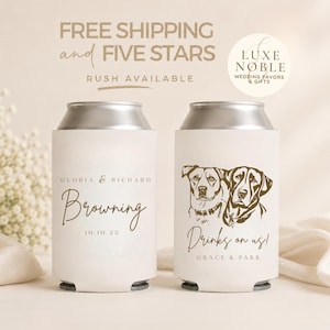 Personalized wedding can cooler with custom two dog portraits, couple names, family last name, wedding date, and insulated white drink sleeve for dog lovers, wedding favors, engagement parties, bridal showers, and rehearsal dinners.