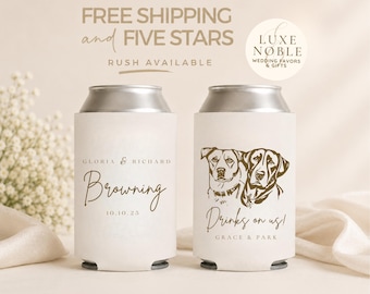 Custom Pet Wedding Can Cooler, Dog Illustration, Personalized Favors, Monogram Wedding Favors, Bulk Custom Favors, Dog Lovers, Rustic