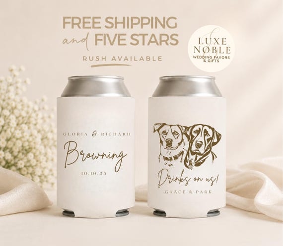 Custom Pet Wedding Can Cooler, Dog Illustration, Personalized Favors, Monogram Wedding Favors, Bulk Custom Favors, Dog Lovers, Rustic