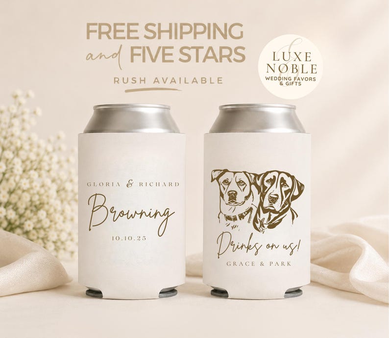 Personalized wedding can cooler with custom two dog portraits, couple names, family last name, wedding date, and insulated white drink sleeve for dog lovers, wedding favors, engagement parties, bridal showers, and rehearsal dinners.