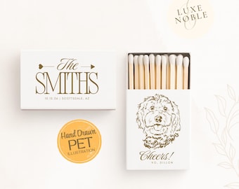 Custom Dog Illustration Wedding Matchboxes | Personalized Pet Portrait Favors | Cheers Wedding Favors | Custom Matchboxes | HandDrawn