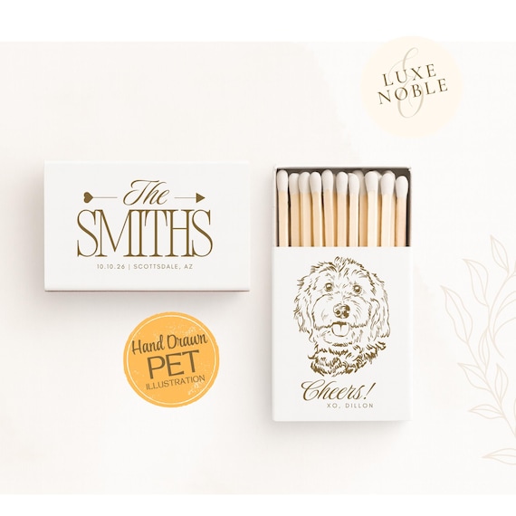 Custom Dog Illustration Wedding Matchboxes | Personalized Pet Portrait Favors | Cheers Wedding Favors | Custom Matchboxes | HandDrawn
