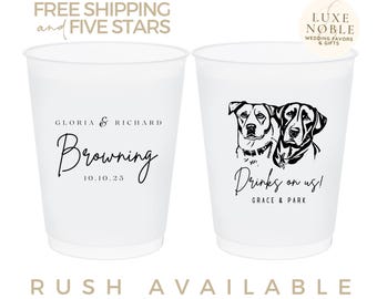 Custom Frosted Wedding Cups, Personalized Pet Portrait & Couple Name Design | “Drinks on Us” Dog Drawing Wedding Cup, Wedding Cups with dog