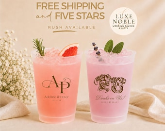 Personalized Dog Wedding Cups | Custom Pet Portrait Frosted Cups | Wedding Reception Cups | Dog Lover Wedding Favors | Plastic Cups
