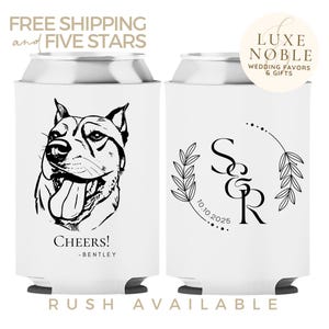 Wedding Dog Can Cooler, Custom Pet Illustration, Wedding Favors, Monogram Can Holder, Custom favors for guest in bulk, Rustic Wedding