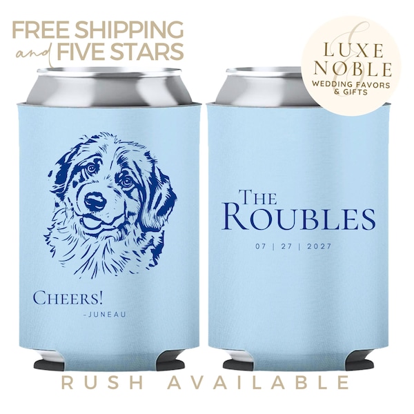 Custom Blue Wedding Can Coolers, Cute Dog Portrait Wedding Favors, Personalized Pet Drink Sleeves, Coastal Wedding Drink Holders
