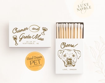 Custom Dog Illustration Wedding Matchboxes | Personalized Pet Portrait Favors  | Cheers Wedding Favors | Custom Matchboxes | HandDrawn
