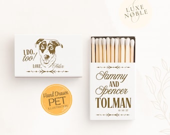 Custom Dog Illustration Wedding Matchboxes | Personalized Pet Portrait Favors with Names and Date | I Do Too Wedding Favors | Handdrawn