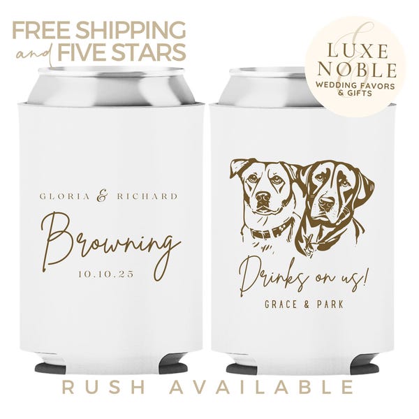 Custom Pet Wedding Can Cooler, Dog Illustration, Personalized Favors, Monogram Wedding Favors, Bulk Custom Favors, Dog Lovers, Rustic