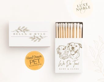 Custom Dog Illustration Wedding Matchboxes | Personalized Pet Portrait Favors with Names and Date | We Do Too Wedding Favors | HandDrawn