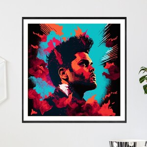 May include: A digital illustration of a man's face with red and blue abstract shapes in the background.