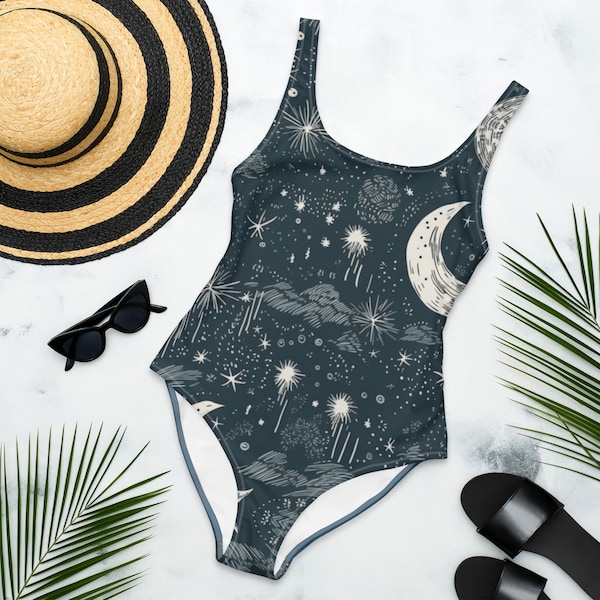 Women's Moon and Stars One-Piece Swimsuit, Astrological Bathing Suit, Celestial Swimwear, Gift for Her