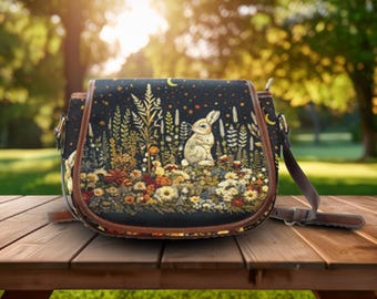 Faux Embroidered White Rabbit Saddlebag, Witchy Boho Purse, Witch Satchel Bag, Vegan Leather Handbag, Cottagecore Bag