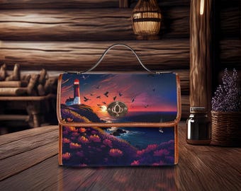 Lighthouse at Dusk Waterproof Handbag, Nautical Decorer, Beacon Print Vegan Leather Purse, Retro Vegan Satchel