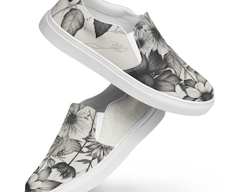 Flower Sketch Art Slip-On Canvas Shoes, Ladies Casual Footwear, Nature Lover Gift, Wildflower Sneakers, Shoes for Women