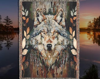 Wolf Woven Blanket, Cotton Wolf Design, Home Decor, Throw Blanket, Bedding, Cabin Decor