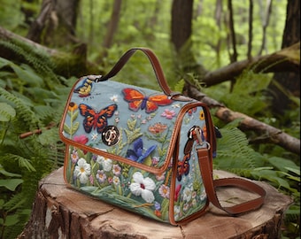 Elegant Butterfly Faux Embroidered Waterproof Handbag, Forestcore Handbag, Cottagecore Bag, Retro Satchel Purse