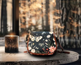 Lunar Moth Waterproof Saddlebag, Boho Moth Celestial Purse, Witch Satchel Bag, Moth Boho Art, Cottagecore Bag