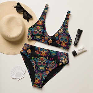 Women&#39;s Sugar Skull High-Waisted Bikini, Colorful Two-Piece Bathing Suit, Gothic Art Swimwear, Gift for Her