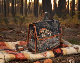 Retro Mushroom Faux Embroidered Waterproof Handbag, Retro Satchel Purse, Witchcore Handbag, Dark Forestcore Shroom Bag