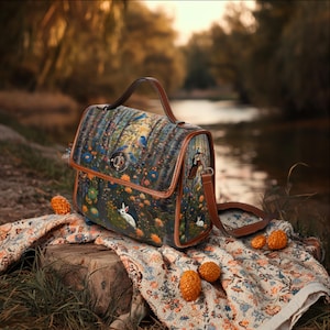 Sac à main imperméable imitation oiseaux bleus brodés, sac cartable sorcière, sac à main Forestcore, sac en cuir végétalien