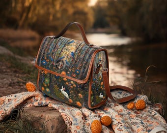 Faux Embroidered Blue Birds Waterproof Handbag, Witch Satchel Bag, Forestcore Handbag, Vegan Leather Bag