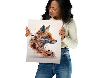 Kitsune Metal Print, Modern Japanese Art, Floral Accent, Fox Theme Home Decor, Japanese Fox Stylish Wall Art