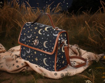 Moon and Stars Faux Embroidered Waterproof Handbag, Witchcore Purse, Naturecore Handbag, Retro Satchel Purse