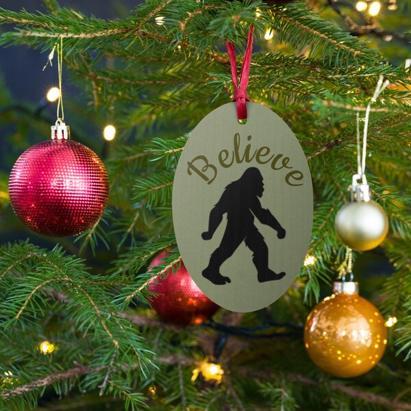 Believe in Bigfoot Ornament, I Believe Decor, Sasquatch Christmas Tree Gear, Cryptid Creature Holiday Accent
