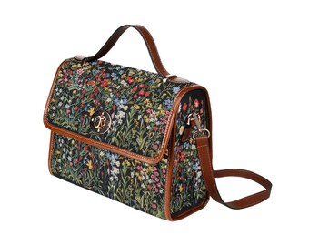 Faux Embroidered Wildflower Waterproof Handbag, Cottagecore Vegan Leather Purse, Nature Lover Tote