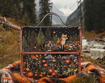 Faux Embroidered Floral Fox Handbag, Boho Naturecore Waterproof HandBag, Boho Cottagecore Witchy Fox Satchel, Dark Forestcore Fox Purse