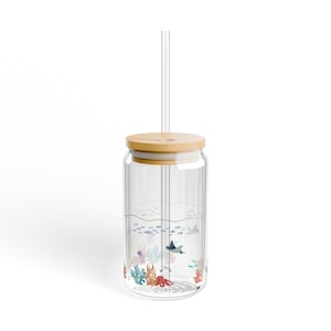 Sipper Glass, 16oz - Under the Sea Animal Clear Glass Water Illusion, Sea Animal Glassware, Ocean Themed Drinking Glass, Marine Life Design