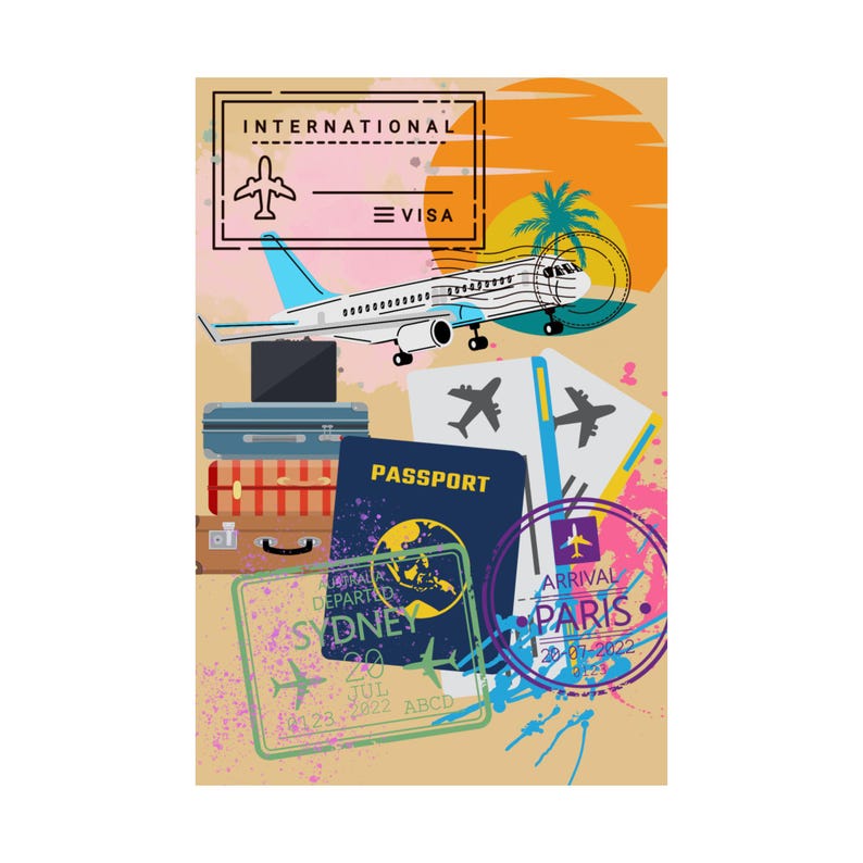 Matte Vertical Posters With Travel Theme, Plane, Passport, Stamps