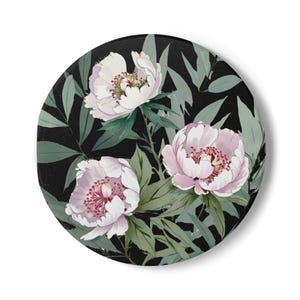 Keramische onderzetter met pioenrozen - tuinbloemen op zwarte achtergrond, elegante bloemenmat voor drankjes, verfijnd tafeldecor cadeau