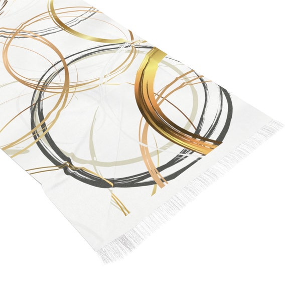 Light Scarf with Original Digital Design Print, Gold and Browns Abstract Rings Over White, Neutral Palette