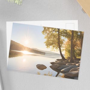 Set di cartoline, Scena tranquilla di lago, Barca, Pesca, Colori della natura, Arredamento per la casa in stile lodge