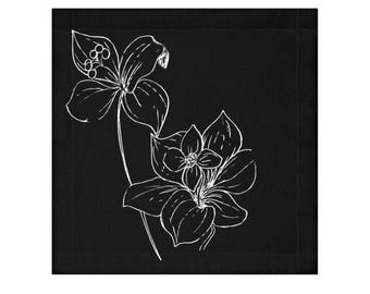 May include: White line art of two flowers on a black background. The flowers have multiple petals and are detailed with thin lines. The image is a simple, elegant botanical illustration.