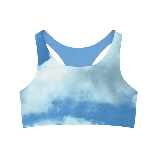 Seamless Sports Bra with Photo of Blue Sunny Sky,Pretty, White Fluffy Clouds. Unique, Stylish,Fashionable, New Original Design, New Designer