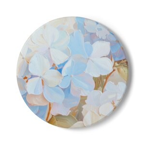 Ceramic Coaster with Soft Watercolor Hydrangea Flowers – Blue & White Feminine Floral Drink Coaster, Elegant Table Decor Gift