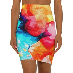 Women&#39;s Pencil Skirt, Abstract Watercolor Print, Contemporary Stylish Skirt, Artistic Form Fitting, Day to Night Skirt, Bright Purples