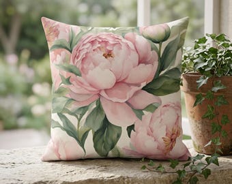 Almofada quadrada floral com peônias rosa | Almofada decorativa botânica